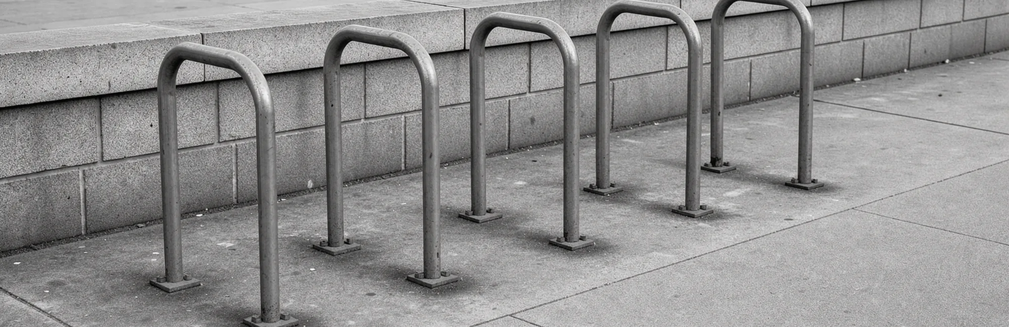 Empty steel bicycle stands repeat beside a paved walkway.