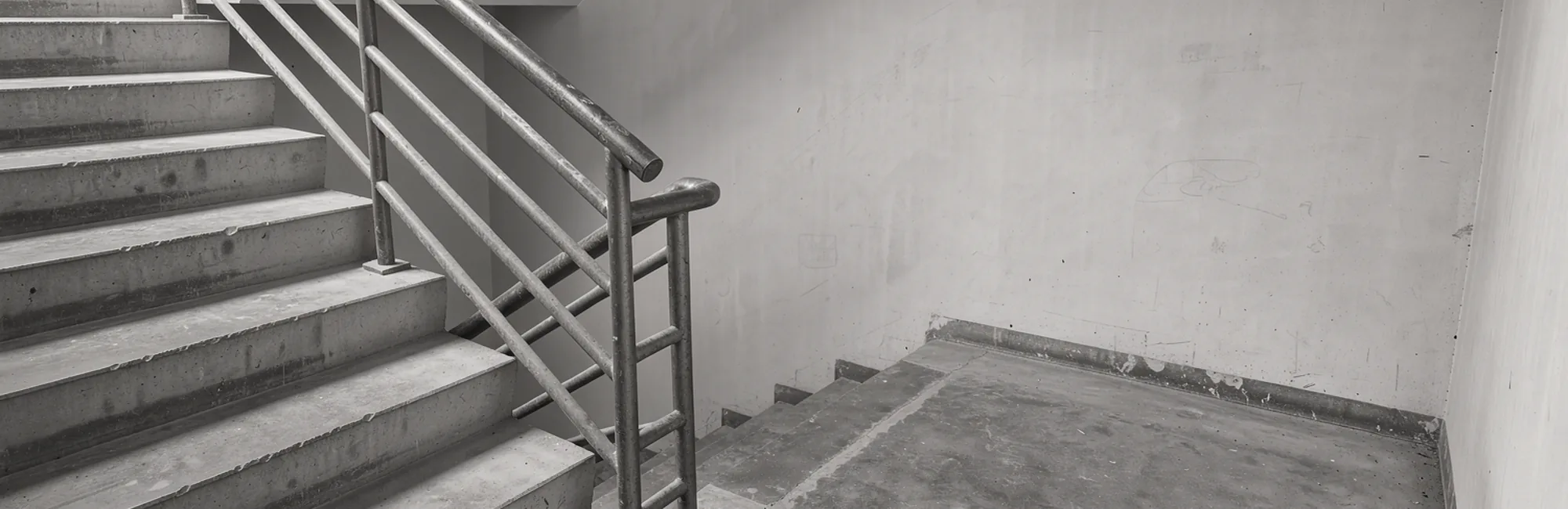 An empty apartment stair landing, with plain railings and light across a concrete floor.